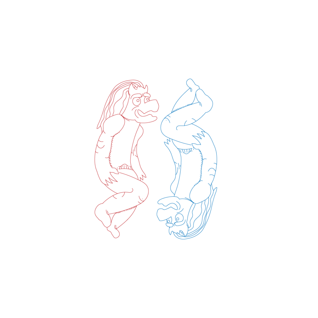 A line drawing of two onis in a yin-yang position. One drawn with red lines, the other drawn with blue lines. Other than the colored lines, the image is colorless