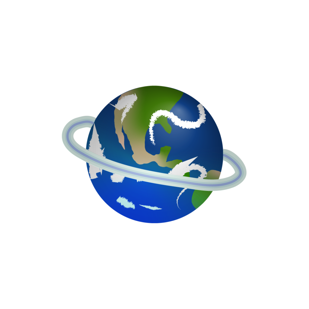 A heavily detailed design of Earth with rings, reminiscent of glossy icons from the early 2000s